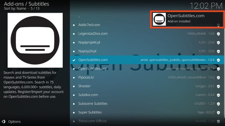 opensubtitles addon installed message