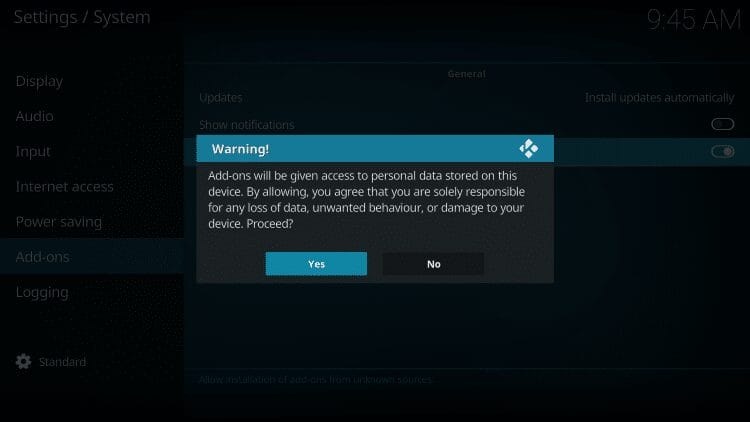 Kodi Addon Warning Message