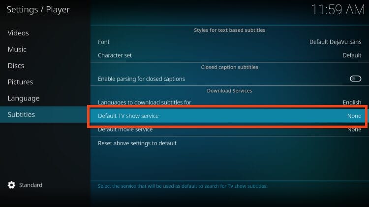 click default tv show service for kodi subtitles