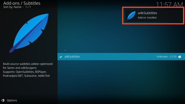 a4ksubtitles add-on installed message