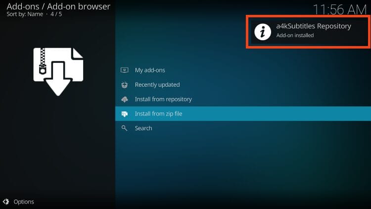 a4kSubtitles repository add-on installed message
