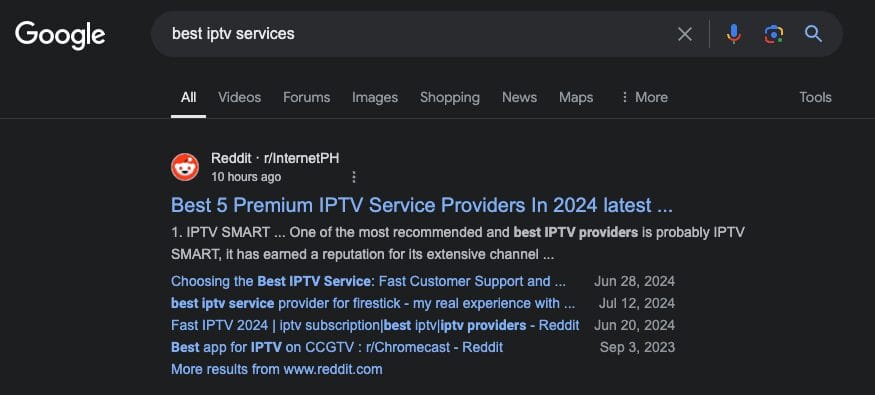 Searching for "best IPTV services" on Google