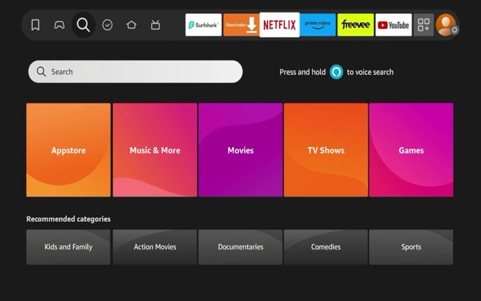 From the Fire TV home screen, hover over the search icon and click Search.