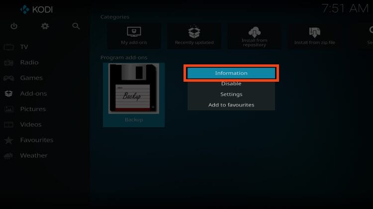 select information to delete kodi addons