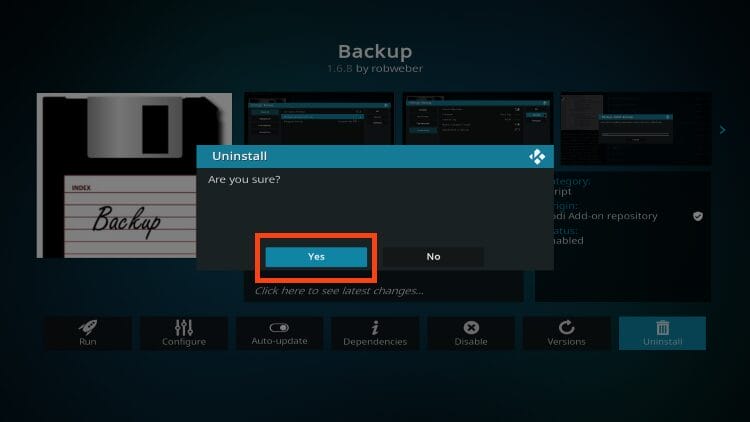 click yes to delete kodi addon