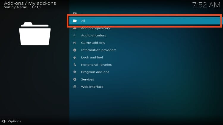 click all to delete kodi addons