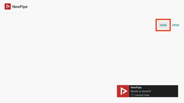 NewPipe APK installed message. click done