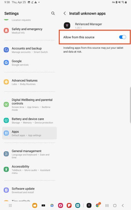enable unknown sources for revanced manager