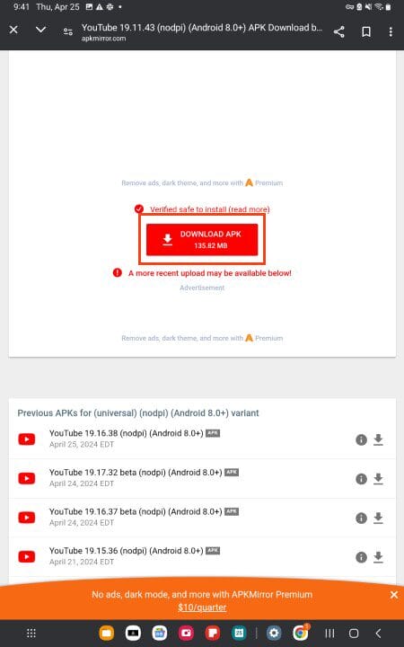 scroll down and click download apk for youtube revanced