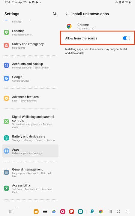click the toggle to install unknown apps for your browser