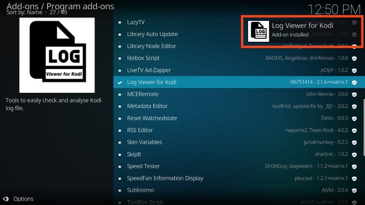 kodi log viewer installed message will appear