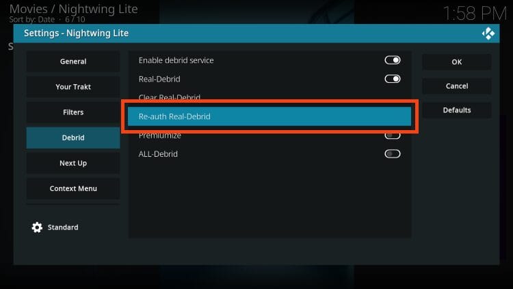 choose re-auth real-debrid for nightwing lite