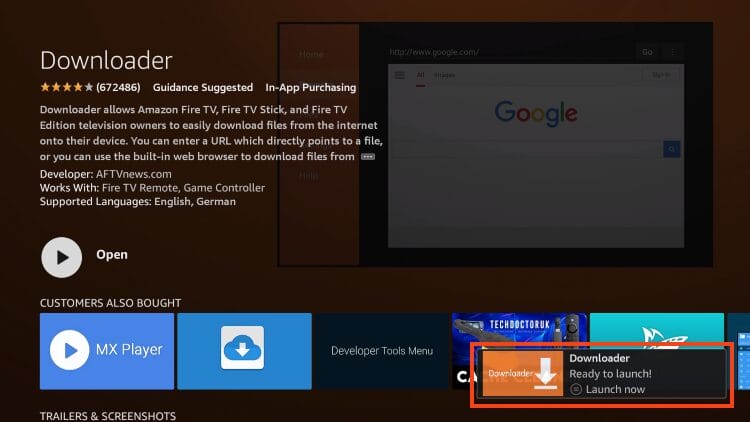 The message from the ready to launch downloader will appear