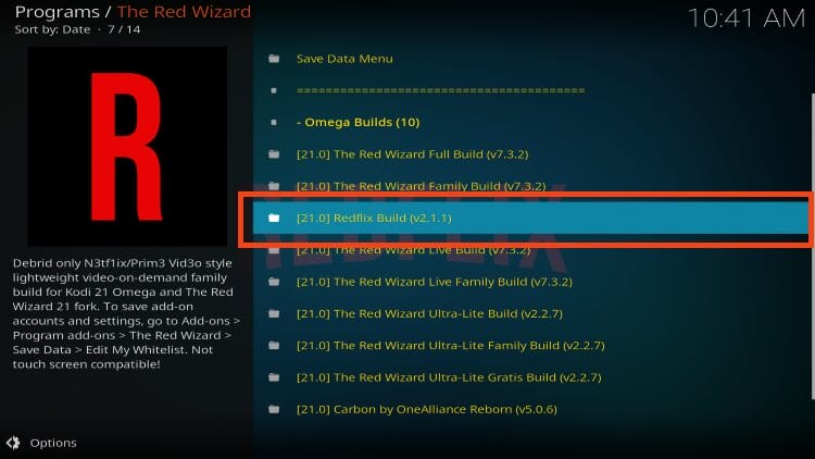 choose RedFlix Kodi Build