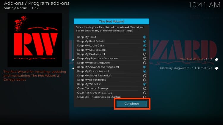 click continue to install redflix kodi build