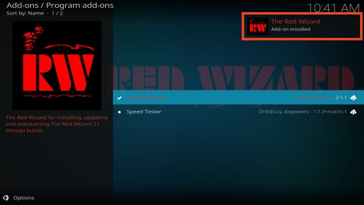 red wizard add-on installed message will show up