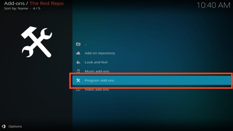 choose program addons to install redflix kodi build