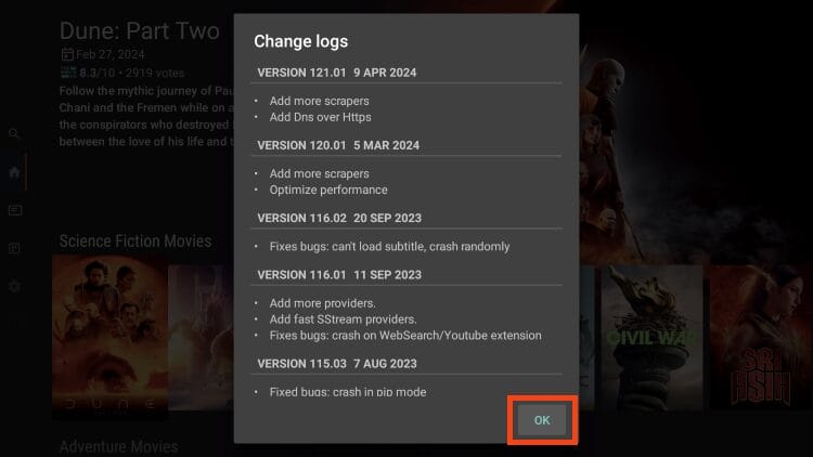 click ok for sstream changelog