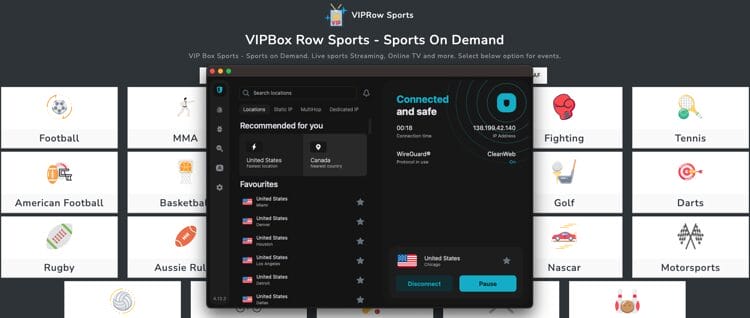 Connected to Surfshark VPN on a Sports Website