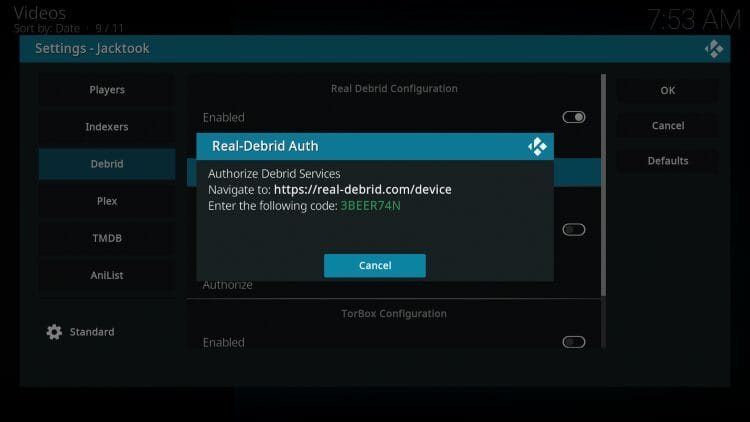 make note of the code you are given and go to real-debrid.com/device to enter this code