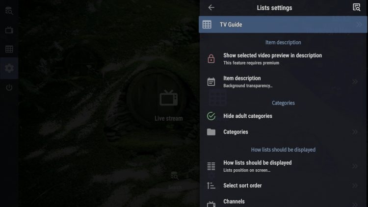 Lists settings in OTT Navigator