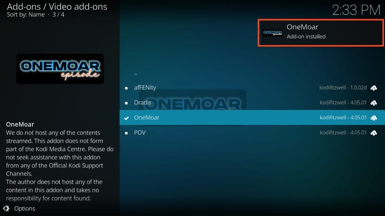 onemoar kodi addon installed message will appear