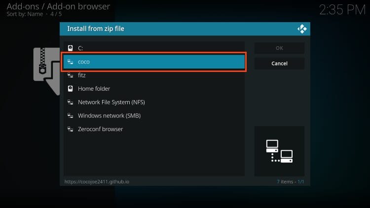 select coco or other name to install onemoar kodi addon