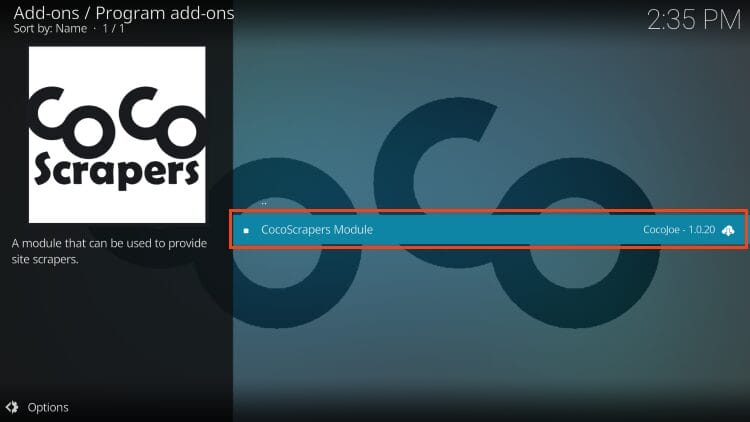 select cocoscrapers module for onemoar kodi addon