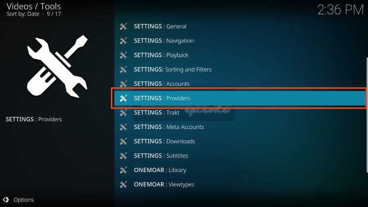 choose Settings: Providers for onemoar kodi addon