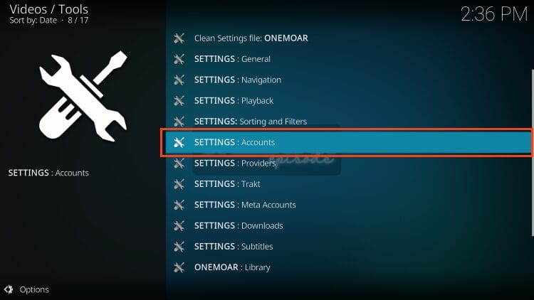 select settings: accounts