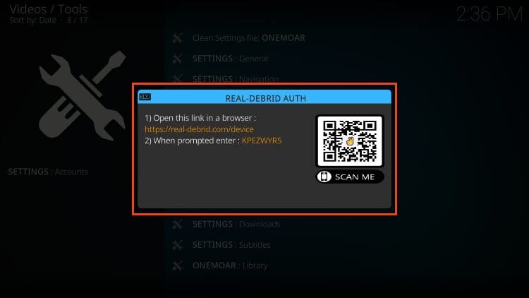 real debrid authorization code for onemoar kodi addon