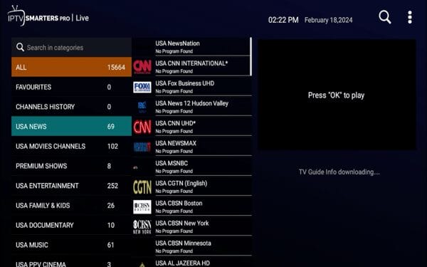 You have successfully logged in using Xtream codes! All live channels offered by your IPTV service should appear. 