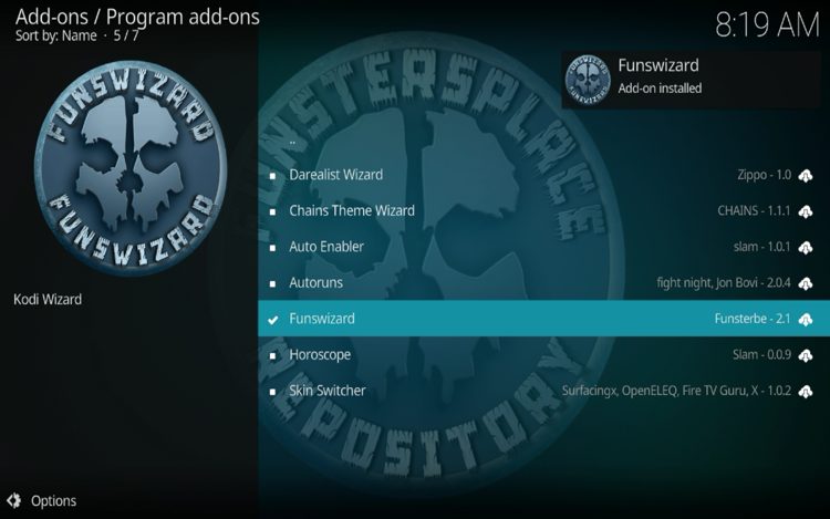 After it has installed, you will see the "Funswizard" Add-on installed message.