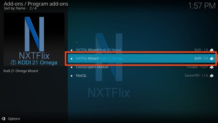 open the NXTFlix wizard for your version of kodi