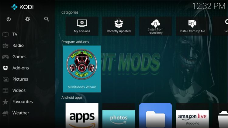 Return back to the home screen of Kodi, hover over Add-ons and click MisfitMods Wizard under Program add-ons.