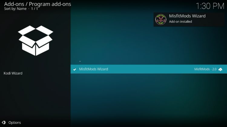 The wizard add-on installed message will now display in the upper right-hand corner.