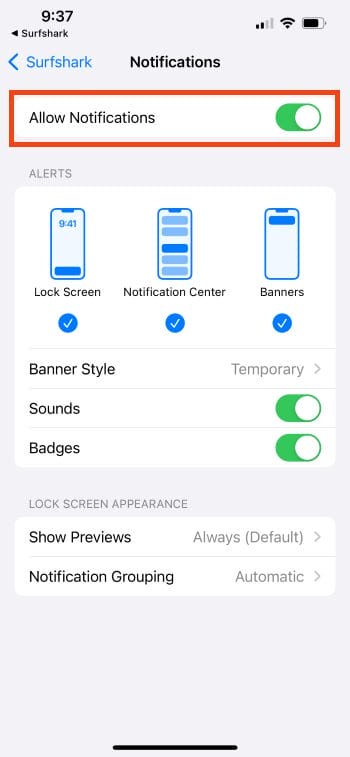 click the toggle for notifications