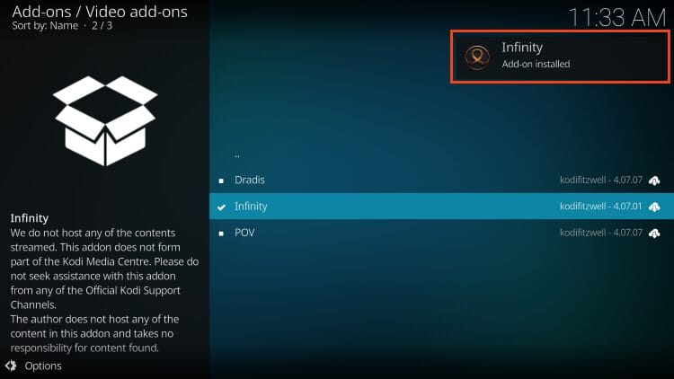 Infinity Kodi addon installed message now appears