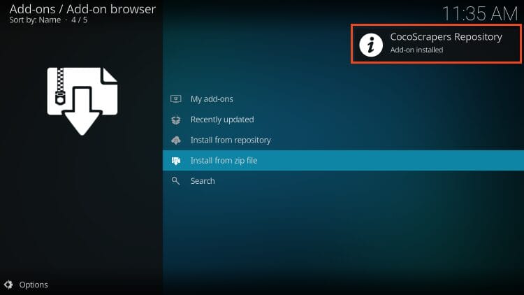 CocoScrapers add-on installed message appears
