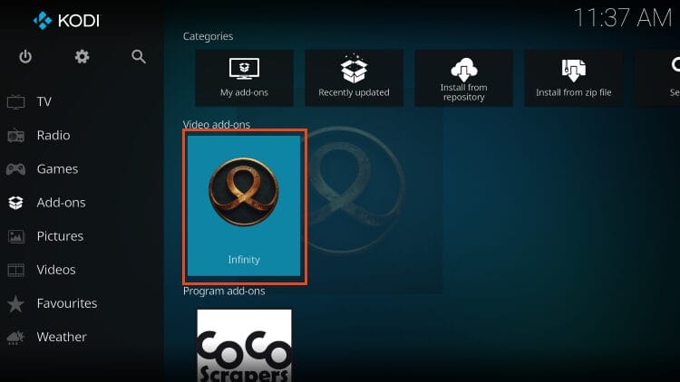 open infinity from add-ons list