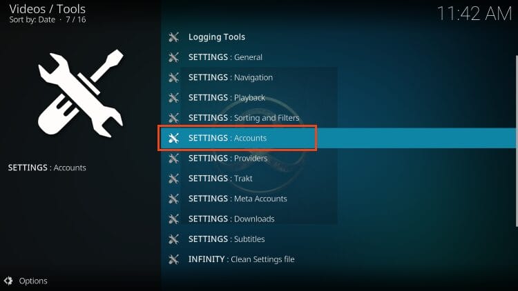choose accounts in the infinity kodi addon