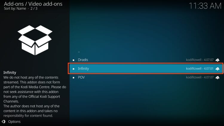 choose infinity kodi addon