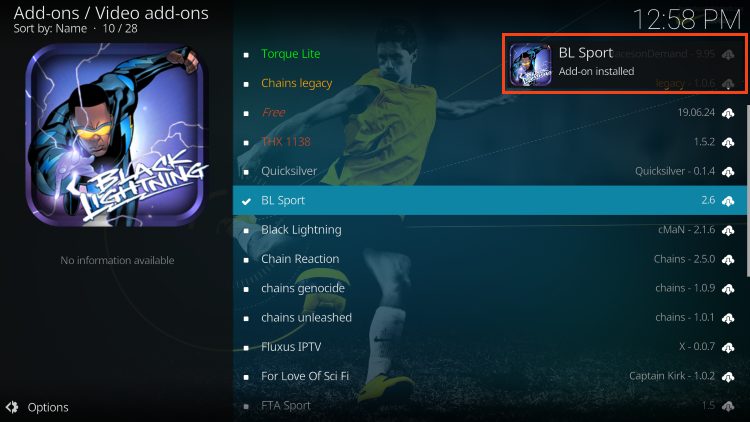 BL Sport Kodi Addon installed message
