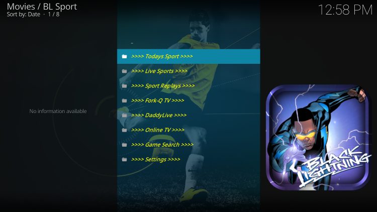 BL Sport Kodi Addon home screen