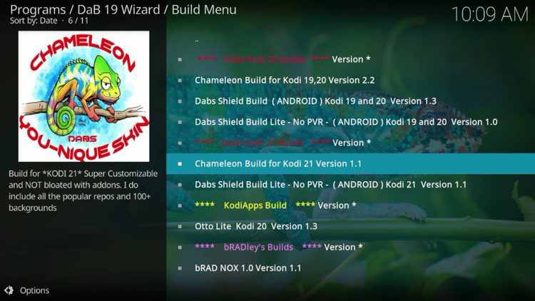 Locate and select Chameleon Build for Kodi 21.