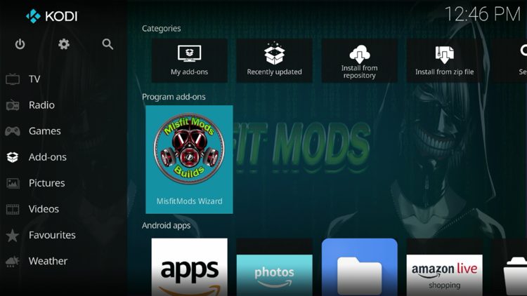 Return back to the home screen of Kodi, hover over Add-ons and click MisfitMods Wizard under Program add-ons.