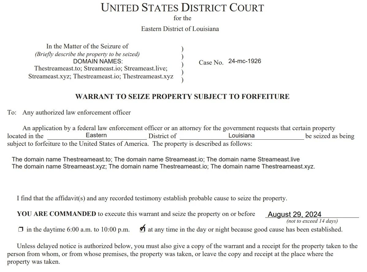 Streameast arrest warrant