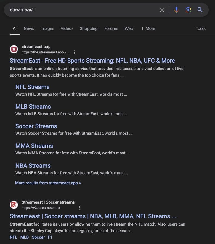 Google search for Streameast