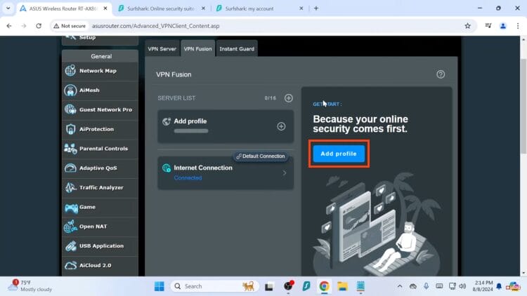 return to asus dashboard and click add profile for VPN on router