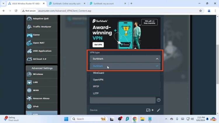 for VPN type, select Surfshark